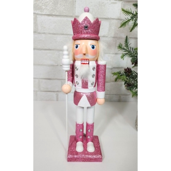 Pink White Nutcracker King Guard Glitter Shabby Chic 14" Christmas NEW - Picture 1 of 7